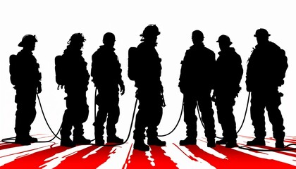 Silhouette of Resilience: An evocative monochrome depiction of a courageous group of first responders, standing united in solidarity, ready to face any challenge, exemplifying bravery.