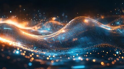 Abstract energy wave, glowing particles, dark background, cosmic scene, science concept Abstract Blue Orange Glowing Particles Background, Abstract energy wave, glowing particles, dark background,