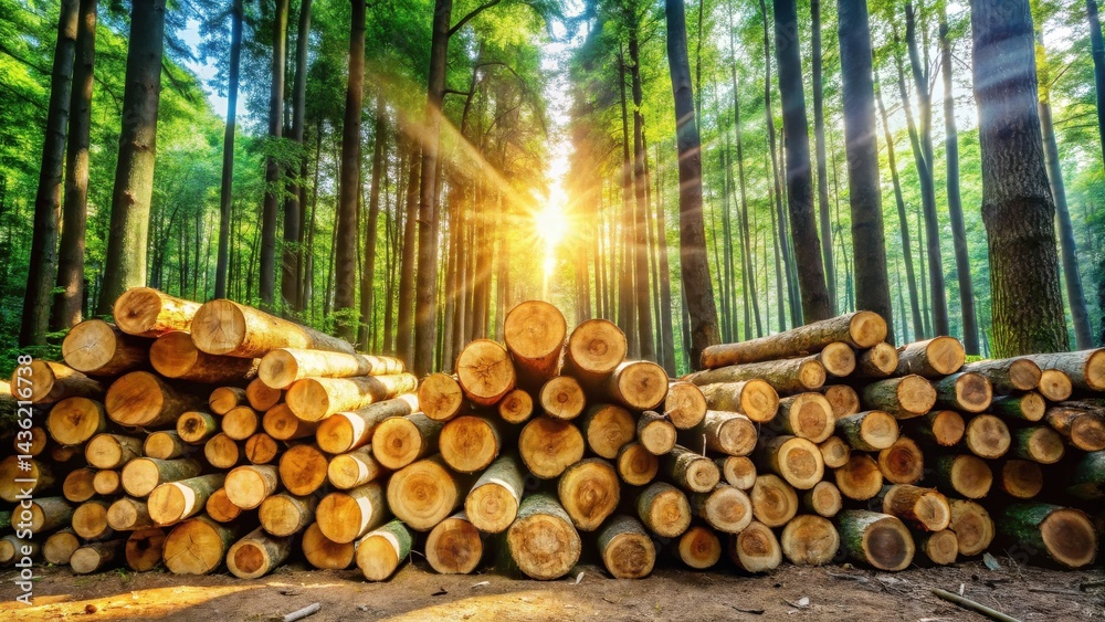 Poster sunlit forest lumber pile a stack of cut logs basking in the golden rays of the setting sun, showcas