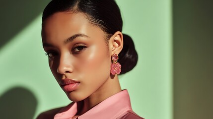 Close-up portrait, woman, pink shirt, earrings