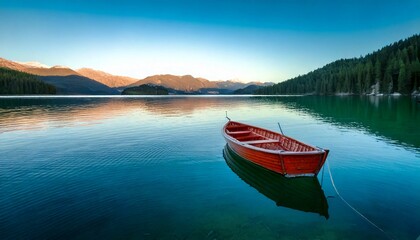 Pequeño barco de madera en un tranquilo lago verde azulado al amanecer, fotografía hiperrealista