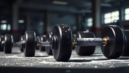 Naklejka premium Intense Fitness Close-up of Dumbbells in a Gym Setting