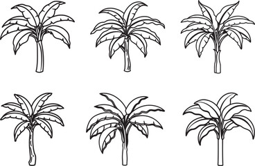set of banana plants line art, black outline, vector and illustration, coloring book page line art drawing