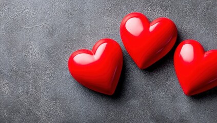 Fototapeta premium Three shiny red hearts rest on a textured gray background, symbolizing love and affection.