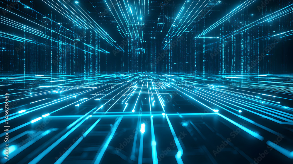 Poster Dynamic data flow visualization of glowing lines in a digital environment
