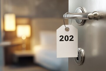 Close-Up of Paper Hotel Room Tag with '202' and Hanging String, Warm Lighting in Modern Hotel Interior.