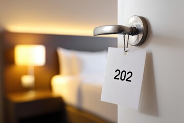 Close-Up of Paper Hotel Room Tag with '202' and Hanging String, Warm Lighting in Modern Hotel Interior.