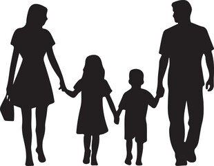 Family Silhouette Parents and Children Walking Vector, Family Together Silhouette, Happy Family Holding Hands Silhouette vector
