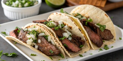Three Delicious Steak Tacos with Cilantro and Onion Garnish, Food Photography, Close-up, Recipe Tacos, Steak, Food Photography