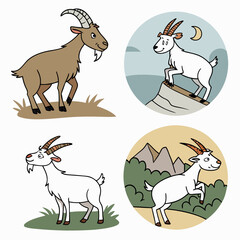 Cartoon Goats: Adorable Brown & White Goat Illustrations - Set of 4.