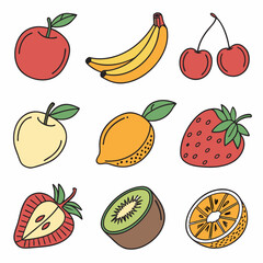 Colorful Fruit Illustrations: Apples, Bananas, Strawberries, Kiwi, Orange.