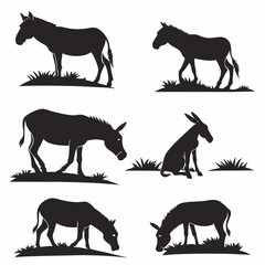 Donkeys Silhouettes: 6 Poses, Black Vector Illustrations.