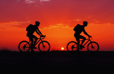 Obraz premium Two cyclists silhouetted against vibrant sunset, peaceful and minimalist.