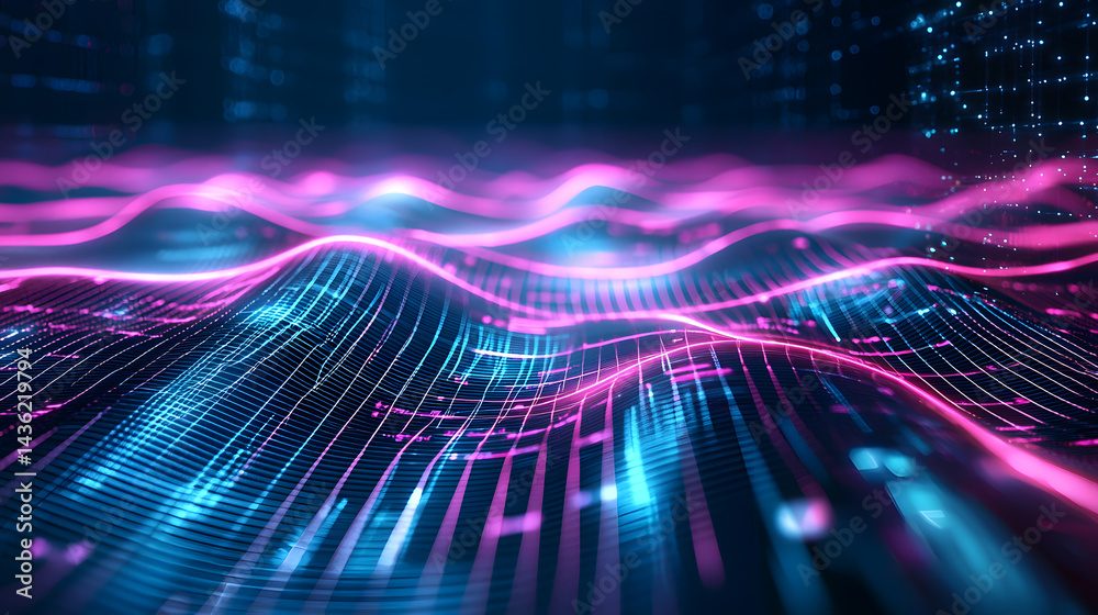 Poster Glowing data flow waves digital realm abstract visualization futuristic environment dynamic perspective conceptual representation