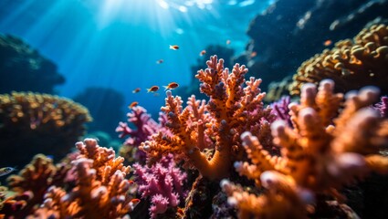 Fototapeta premium Vibrant Coral Reef Underwater Scene with Tropical Fish, AI Generated