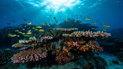 Fototapeta premium Vibrant Coral Reef Underwater Scene with Tropical Fish, AI Generated