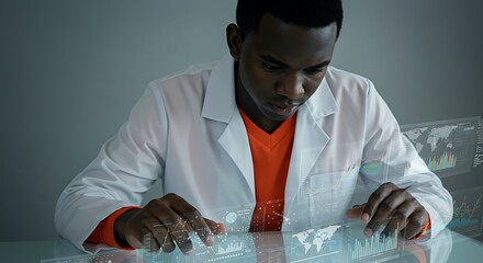 Scientist analyzing digital data interface.