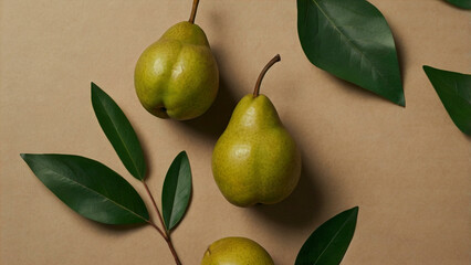 Obraz premium Fresh Pears with Green Leaves Arrangement