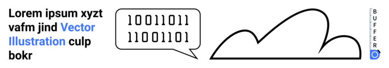 Binary code in speech bubble near a clean cloud outline, minimal text with blue highlights. Ideal for technology, cloud computing, communication, programming, data, minimalism, simple landing page