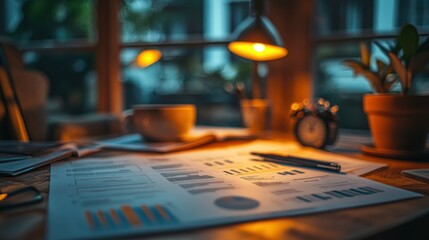 Evening work desk with financial documents
