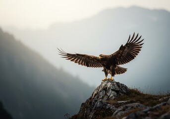 雄大な山々、柔らかな光射す、ワシの羽ばたき準備