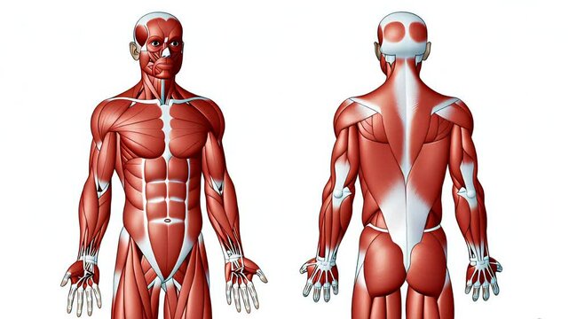 Detailed anatomical illustration revealing male muscular system from front and back, providing comprehensive visual guide for medical study and professional reference
