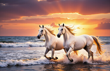 Obraz premium Two white horses galloping through coastal waters at sunset.