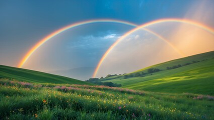 Obraz premium Double Rainbow Over Green Field