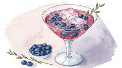 Watercolor Blueberry Martini Cocktail Martini Glass, Ice Cubes, Berries, Pink Background, Botanical Illustration, Food Art Cocktail Recipe, Watercolor Painting