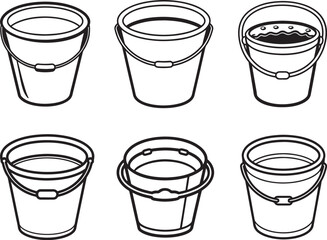 set of bucket filled with water line art, black outline, vector and illustration, coloring book page line art drawing