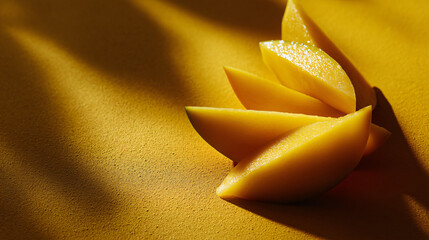 Ripe mango slices on a yellow background with juicy texture and minimalist composition