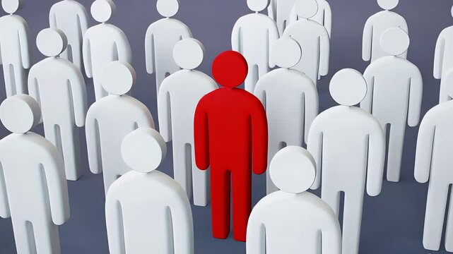 Red figure standing prominently amid sea of white silhouettes, representing individual difference, uniqueness, leadership