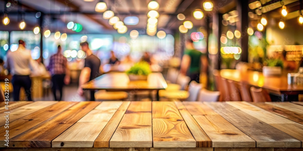 Aufkleber rustic wooden tabletop with blurred background of a warmly lit casual restaurant setting