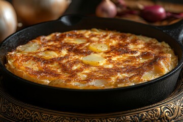 Golden-brown Spanish tortilla in a cast iron skillet, showcasing visible potato pieces and a crispy texture.