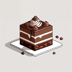Chocolate brown cake square pixel art cartoon design on plain white background illustration