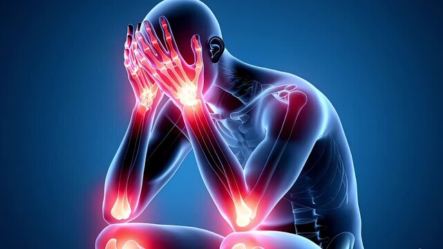 Medical illustration rendering human body figure with glowing red inflammation, depicting joint pain and chronic musculoskeletal discomfort within anatomical structure