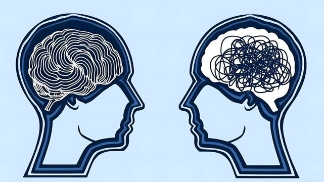 Human head profiles contrasting organized and tangled brain structures, symbolizing psychological complexity, mental clarity versus cognitive disarray