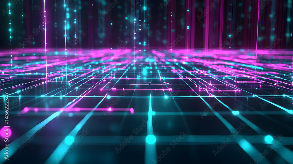 Poster Dynamic abstract data flow visualization digital space 3d graphics neon environment futuristic perspective