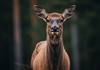 Fototapeta premium 森深く見つめる鹿 優しい瞳 夕暮れ光