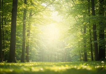 Obraz premium 緑輝く森道 優しい光が差し込む