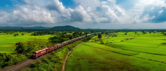 Naklejka premium Aerial view train railway landscape travel journey scenic transport india