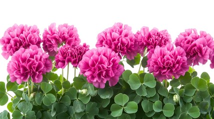 Fototapeta premium Vibrant Pink Clover-Like Flowers with Long Green Leaves in a Row