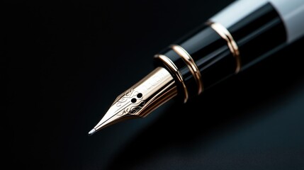 Close-up of a fountain pen nib.  Detailed view of the fine tip and gold trim