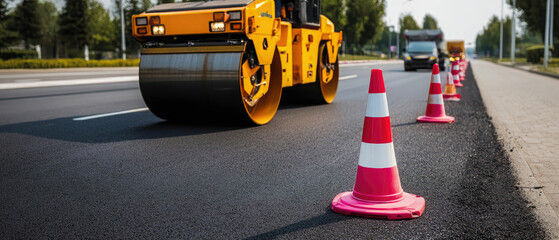 Road roller asphalt paving cones traffic roadwork highway construction