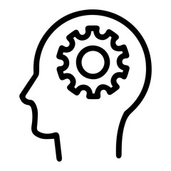 Profile outline of a head containing a gear. Symbolizing thinking, mechanism, and mental process. Minimalist black and white graphic