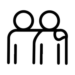 Two minimalist figures with arms around each other. Symbolizing friendship, support, and companionship. Black and white graphic.