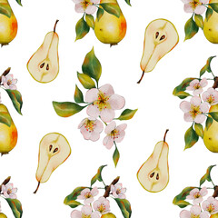 Artistic watercolor pears and blooming flowers. Botanical clipart for nature lovers, greeting cards, gift wrapping and decoration