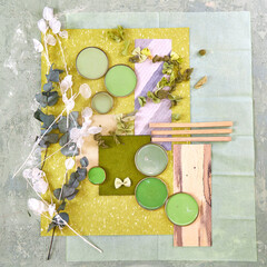color palette mood board in green tones with bright yellow accents for interior design and...