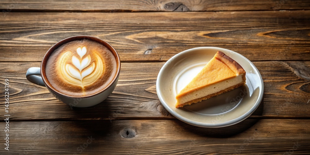 Poster aromatic coffee with latte art and a slice of creamy cheesecake on rustic wooden table