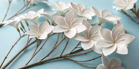 White Plumeria Paper Flowers on Blue Background Close-up Photography, Floral Still Life, Craft, Paper Art, Plumeria, Paper Flowers Plumeria, Papercraft